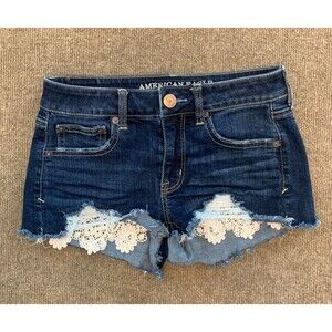 American Eagle Shorts Womens 2 Cutoff Denim Shortie Distressed Low Rise Lace Hem